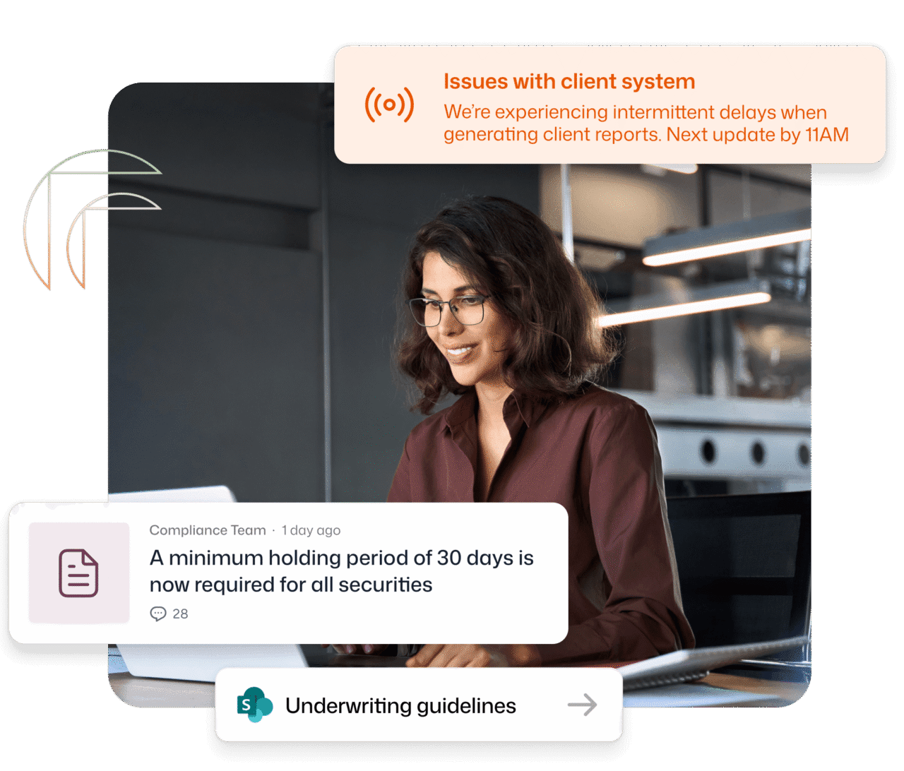 Intranet software for financial services displaying a compliance alert about a 30-day securities holding period alongside a client system status notification.