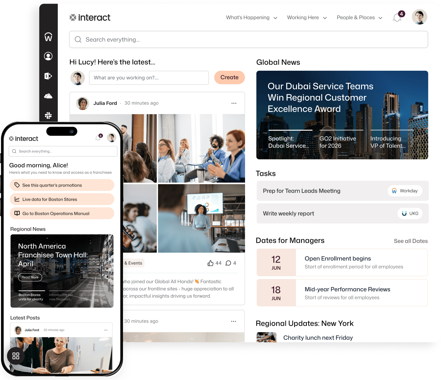 Request an intranet demo to see Interact's desktop and mobile home screens, featuring personalized feeds for Lucy and Alice, global news, manager tasks, and regional updates.
