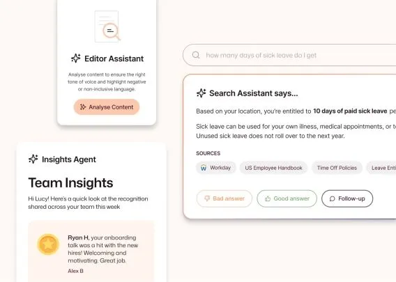 Interact AI tools: an Editor Assistant for tone and inclusion checks, a Search Assistant citing 10 paid sick days from Workday and the US Employee Handbook, and a team Insights Agent.