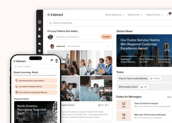 Interact employee communication platform showing Lucy's personalized news feed, integrated Workday and UKG tasks, and Alice's franchisee mobile home with Boston store quick links.