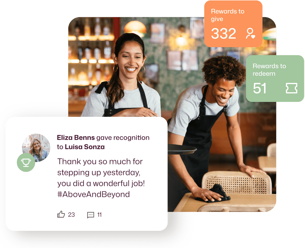 Employee recognition software dashboard showing two restaurant workers smiling, with UI overlays displaying 332 rewards available to give and 51 to redeem, alongside a recognition post from Eliza Benns to Luisa Sonza tagged #AboveAndBeyond with 23 likes and 11 comments.