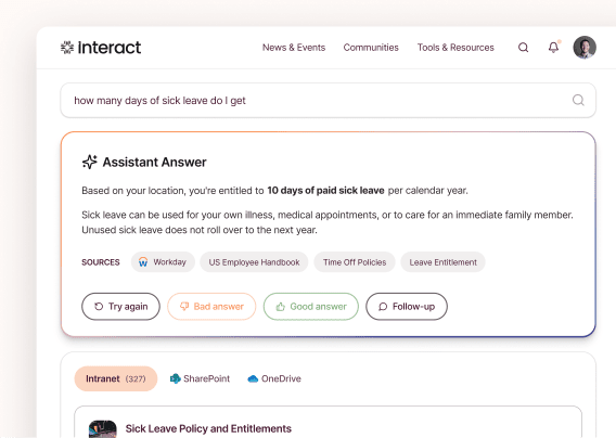 Employee self service software Interact: AI Assistant answers a sick leave query with 10 paid days per year, citing Workday, the US Employee Handbook, and Time Off Policies.