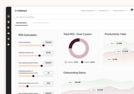 Interact ROI Calculator projecting productivity yields of £1.18M to £2.1M over three years for 119,000 employees, with Year 1 onboarding gains of £16.2M.