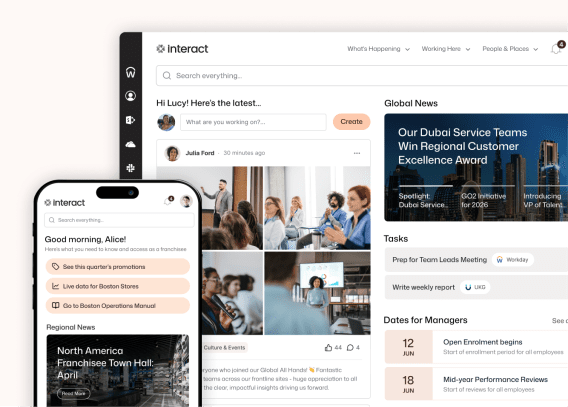 Interact employee communication platform showing Lucy's personalized news feed, integrated Workday and UKG tasks, and Alice's franchisee mobile home with Boston store quick links.