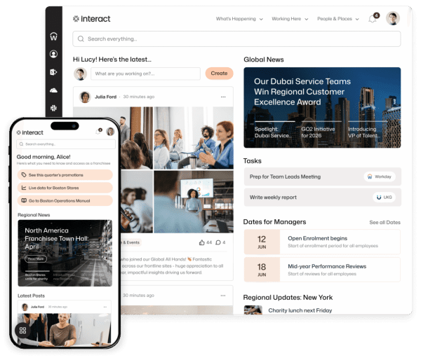 A strong SharePoint alternative, Interact's homepage gives Lucy global news, Workday and UKG tasks, manager dates, and Alice a personalized franchisee view.