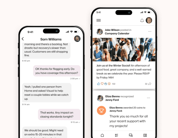 Two Interact mobile screens: a store staffing chat and a social feed showing a Winter Social post with 132 reactions and Eliza Benns recognizing Jenny Ford with 20 coins.