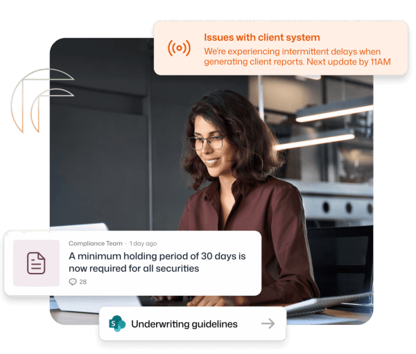 Intranet software for financial services displaying a compliance alert about a 30-day securities holding period alongside a client system status notification.