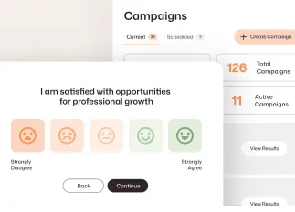 Employee engagement survey with a five-emoji satisfaction scale beside a Campaigns dashboard showing 126 total campaigns and 11 currently active.