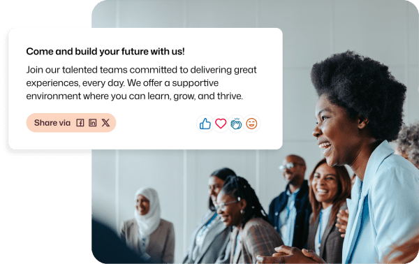 Employee advocacy software showing a shareable recruitment post with Facebook, LinkedIn, and X sharing options amid a smiling diverse team.