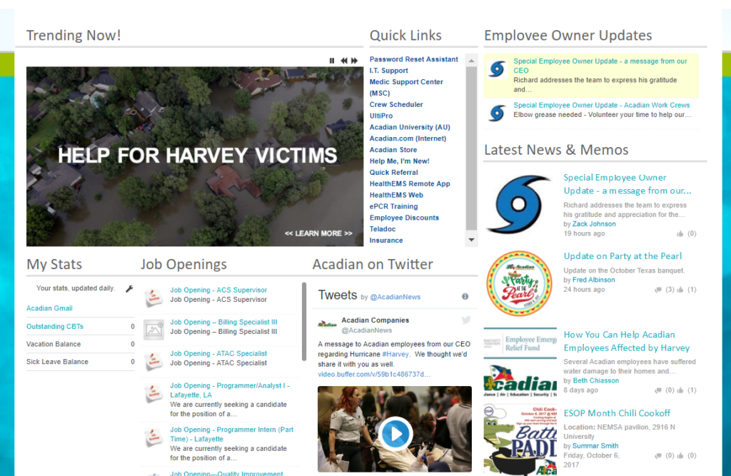Acadian Companies intranet homepage Storm harvey