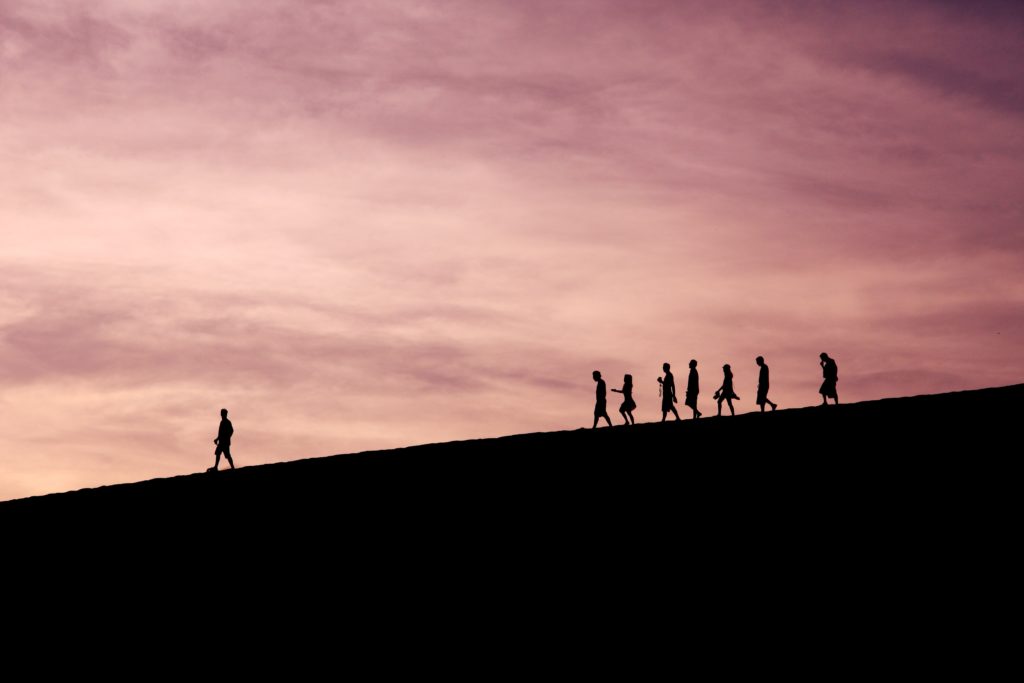 Silhouette of man leading a team down a hill