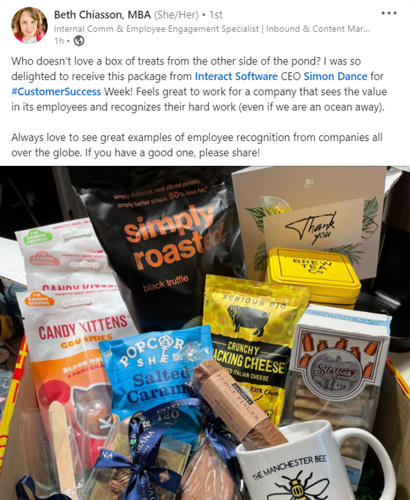 linkedin post showing a hamper of gifts