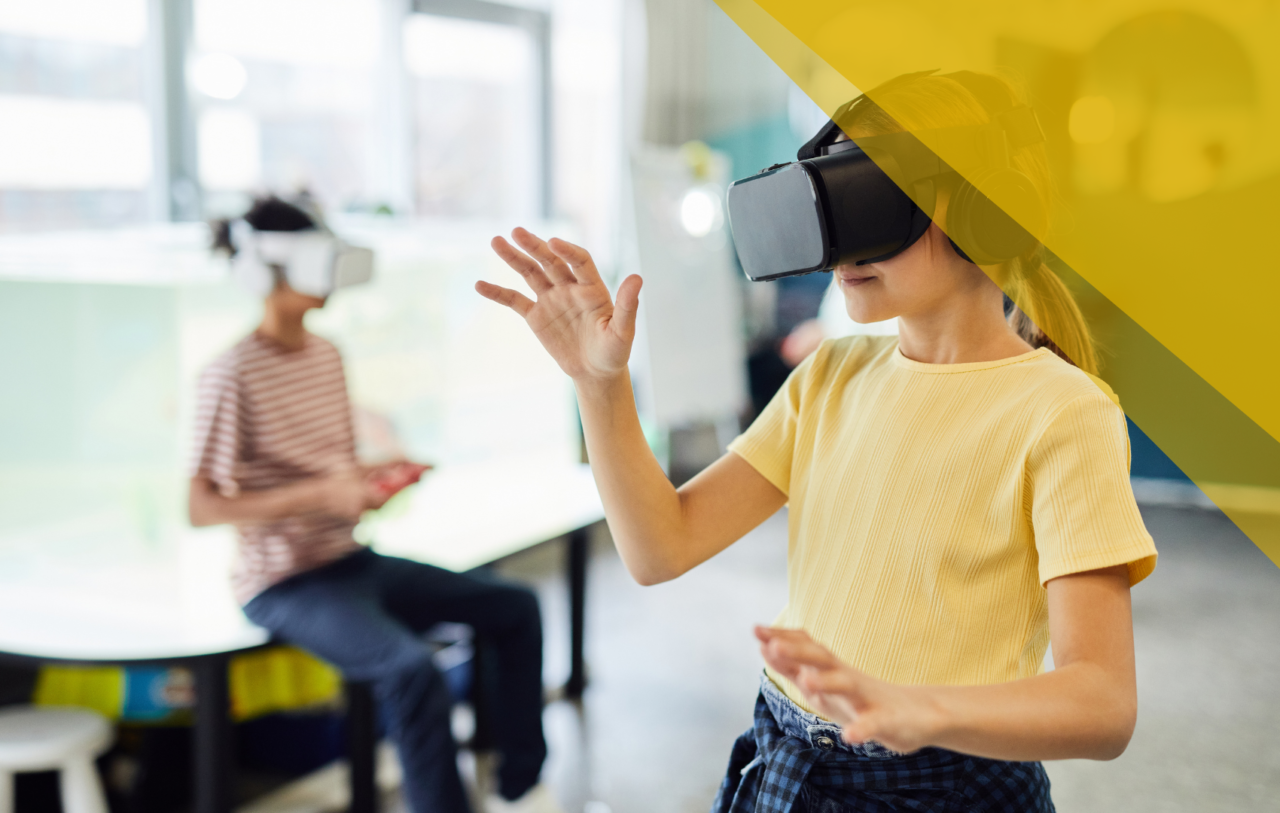 Two young people wearing VR headsets