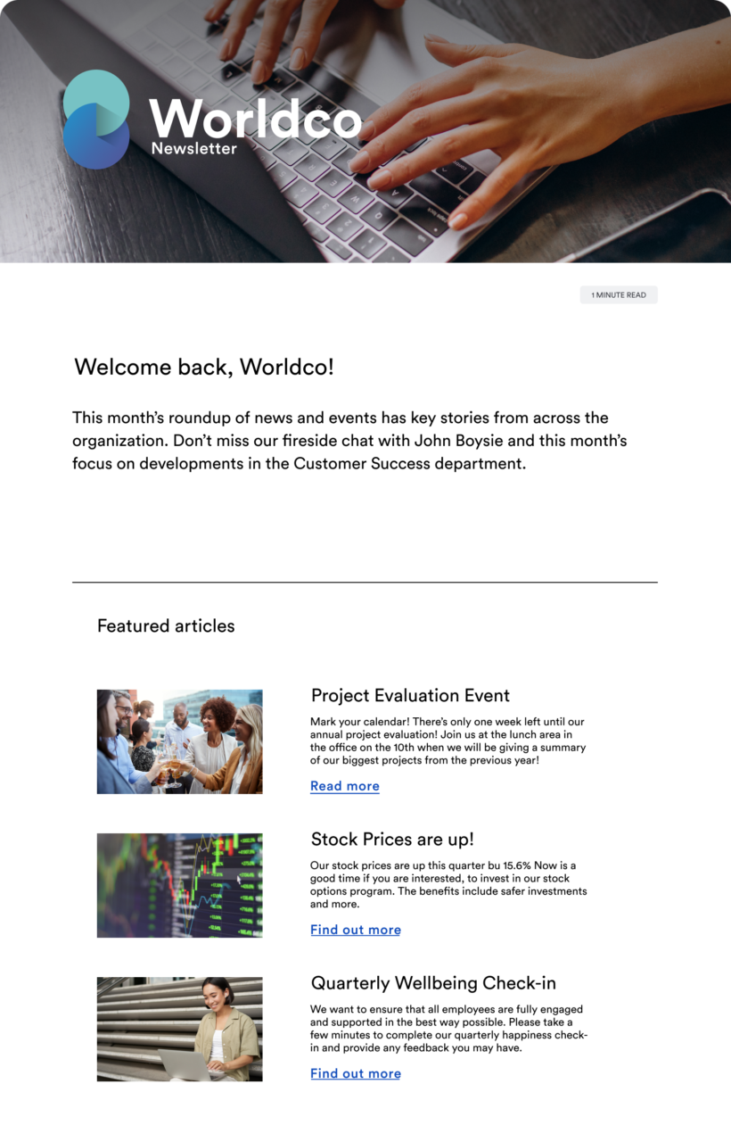 World Co employee email newsletter template example