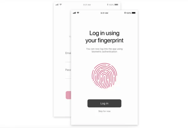 A smartphone screen displays text and image that prompts the user to use their fingerprint to unlock their employee communication app instead of using a traditional password.