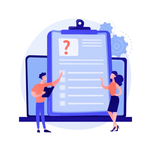 Illustration of two people standing in front of a giant clipboard discussing company culture surveys