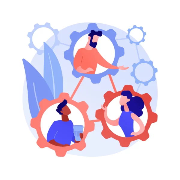 Illustration of three people in cogs connecting by lines signifying a connected company culture.