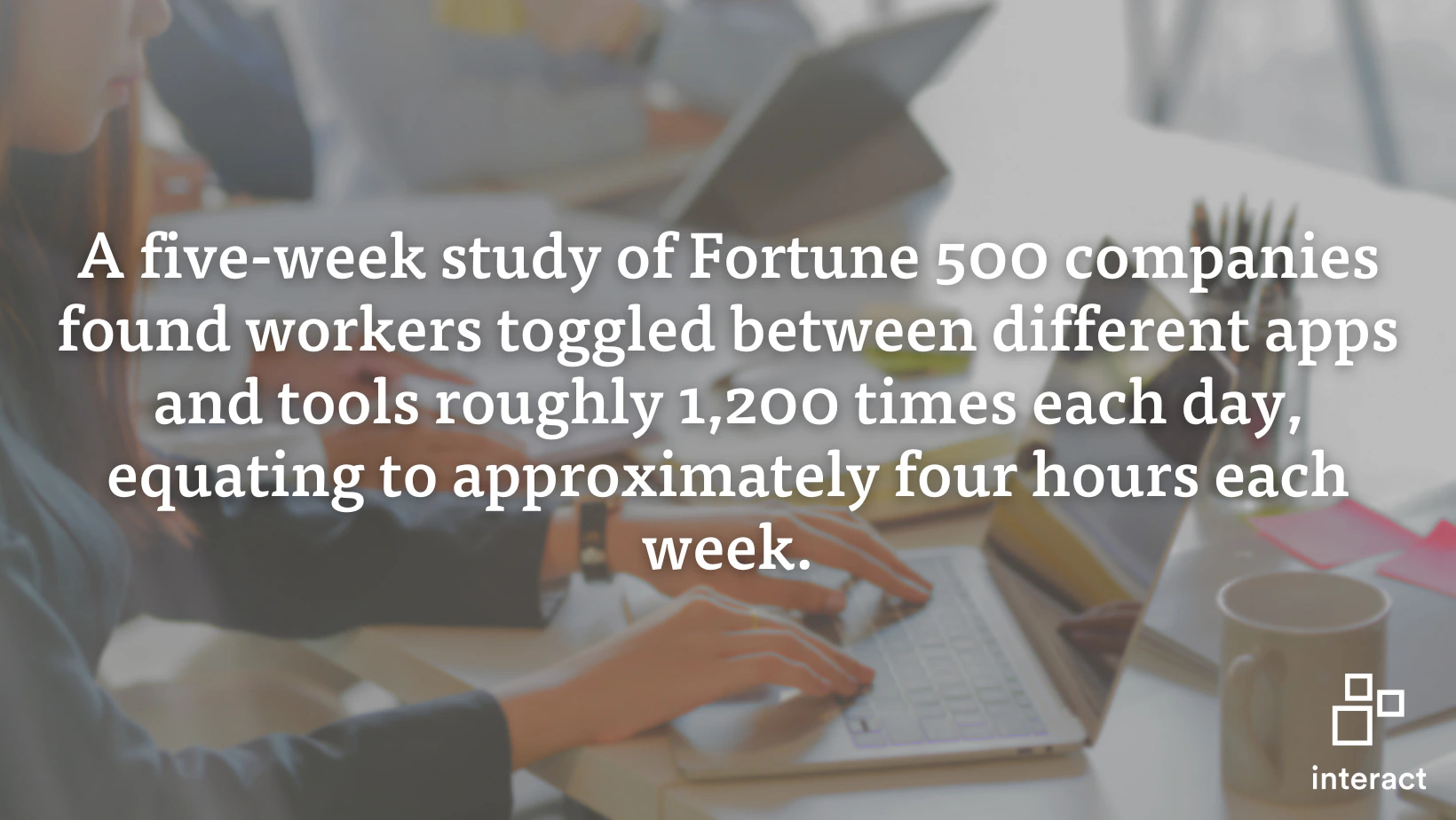 A quote image about a study where employees in Fortune 500 organizations were found to spend four hours a week navigating between different apps and tools, which highlights why optimizing technology for productivity matters.