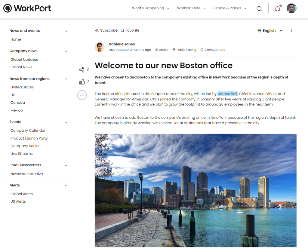 intranet page announcement of new company office in Boston