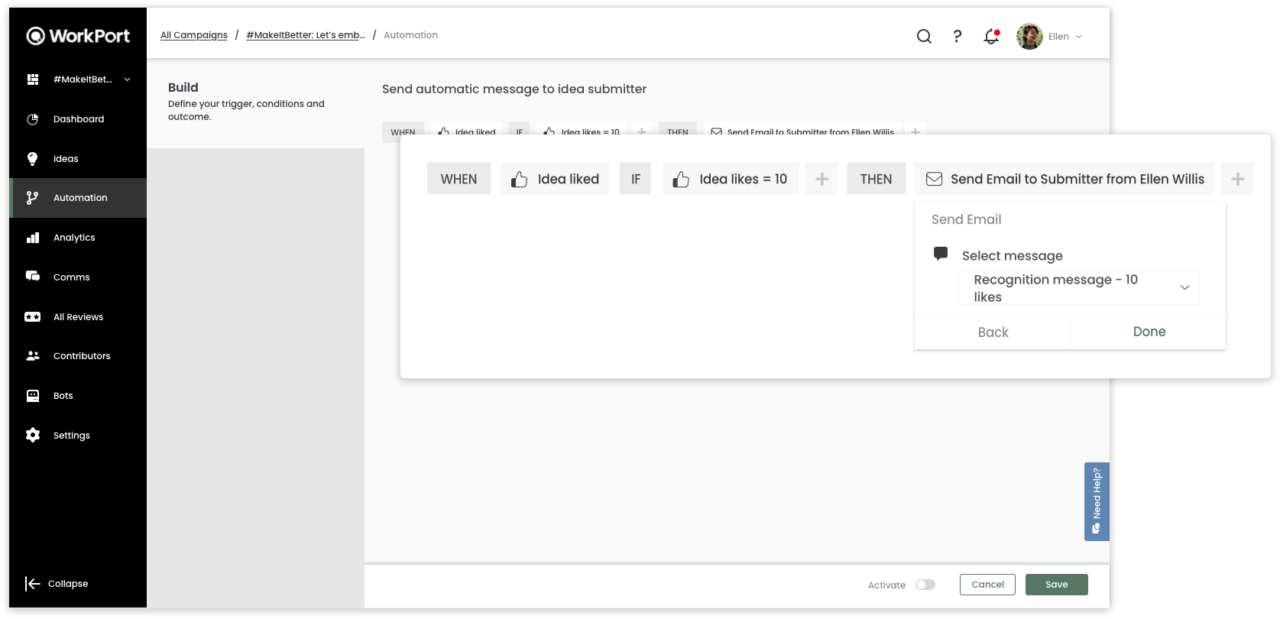 A screenshot of Interact Software's idea management software automation process.