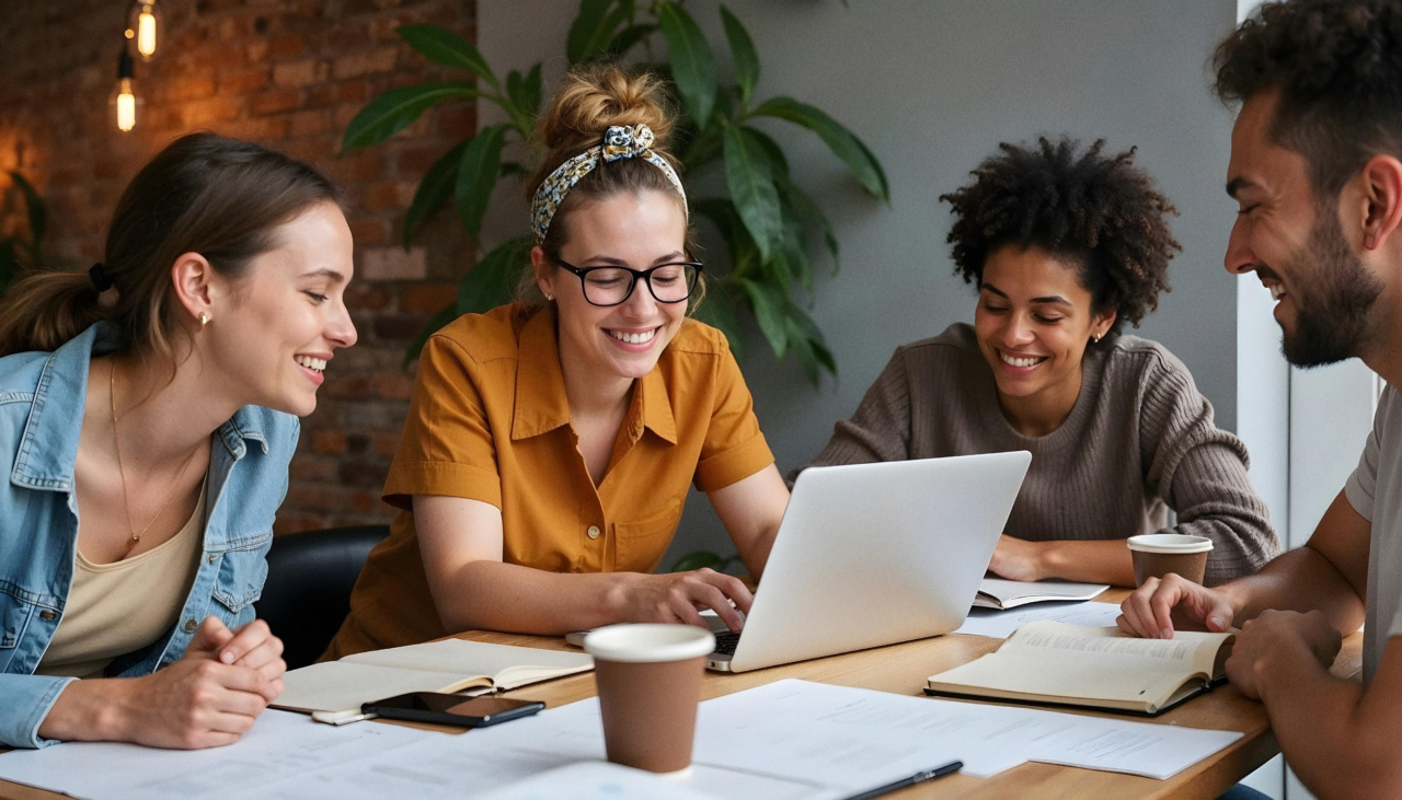 A happy, diverse group of employees gathered around a laptop
