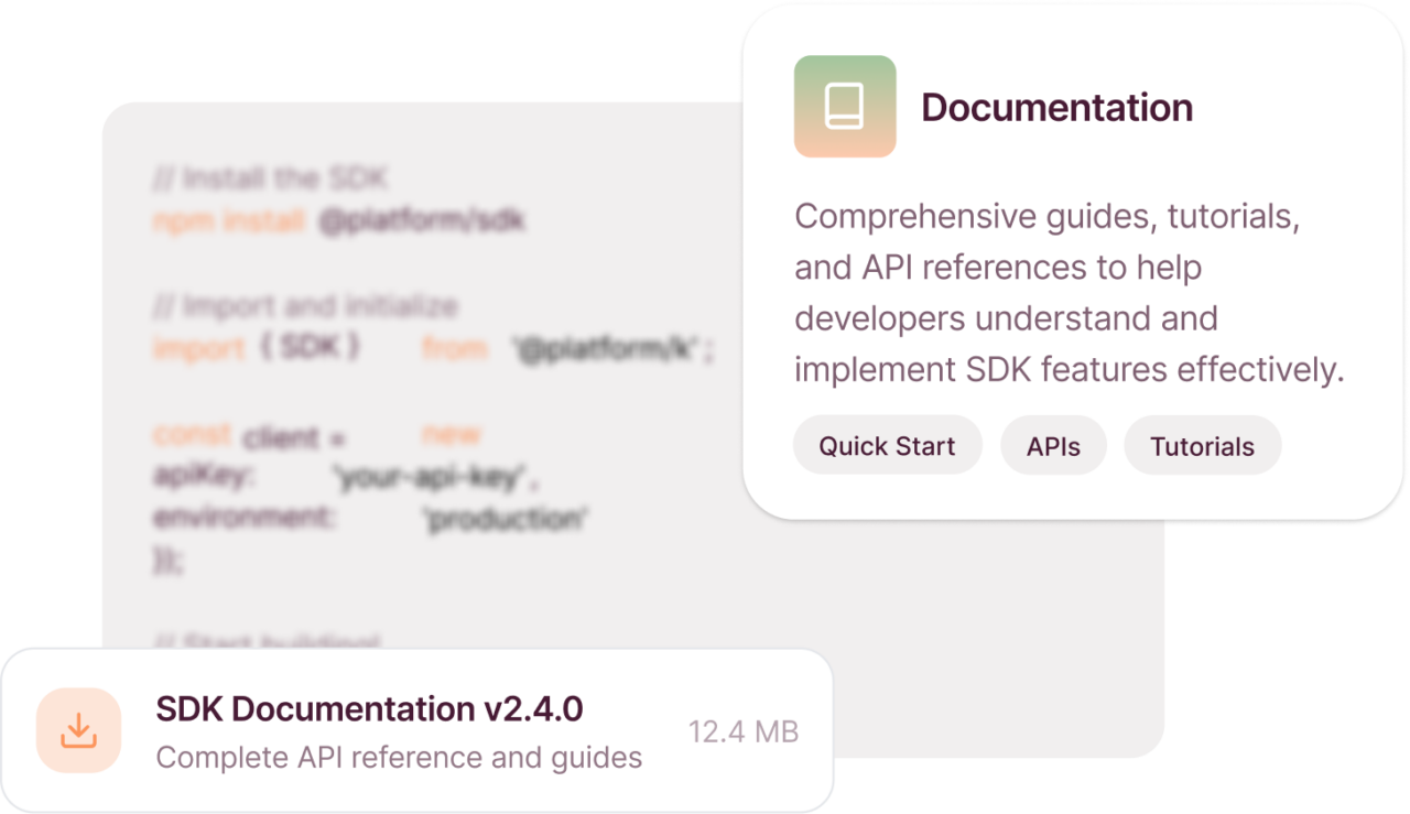 Integrations and APIs illustrated with SDK installation code alongside a Documentation card offering Quick Start, APIs, and Tutorials resources.