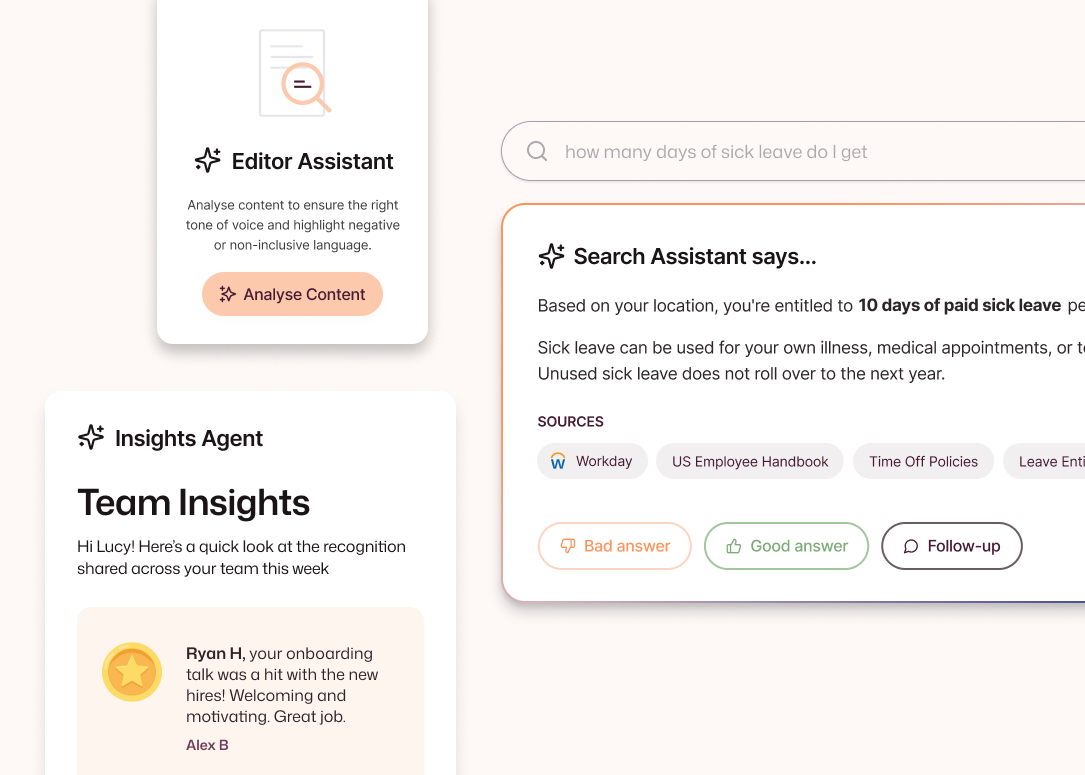 Interact AI tools including an Editor Assistant for tone checks, a Search Assistant answering a sick leave query with sourced policy results, and a team Insights Agent.