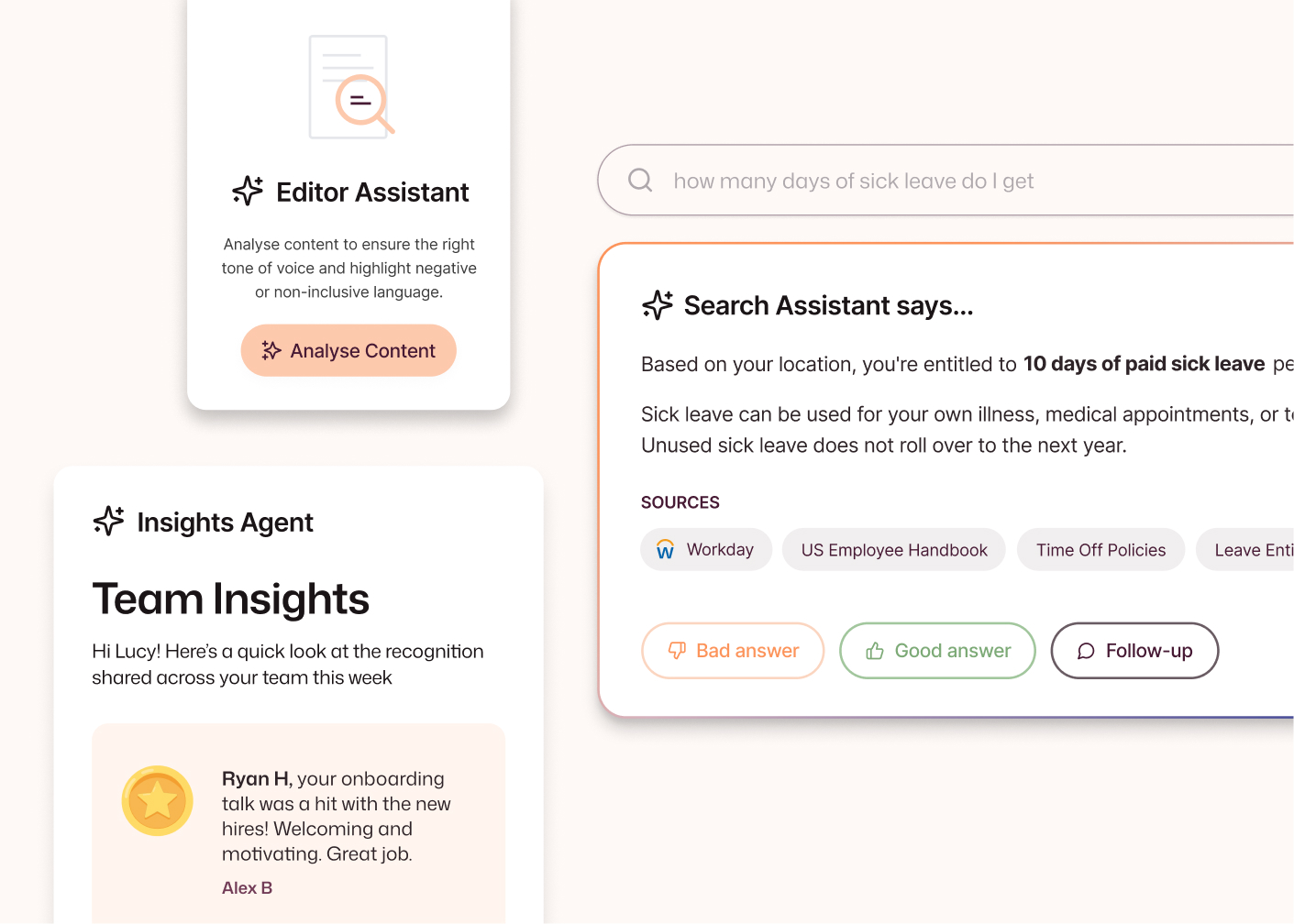 Interact's Editor Assistant checks tone, Search Assistant answers a sick leave query using Workday and policy sources, and Insights Agent highlights team recognition.