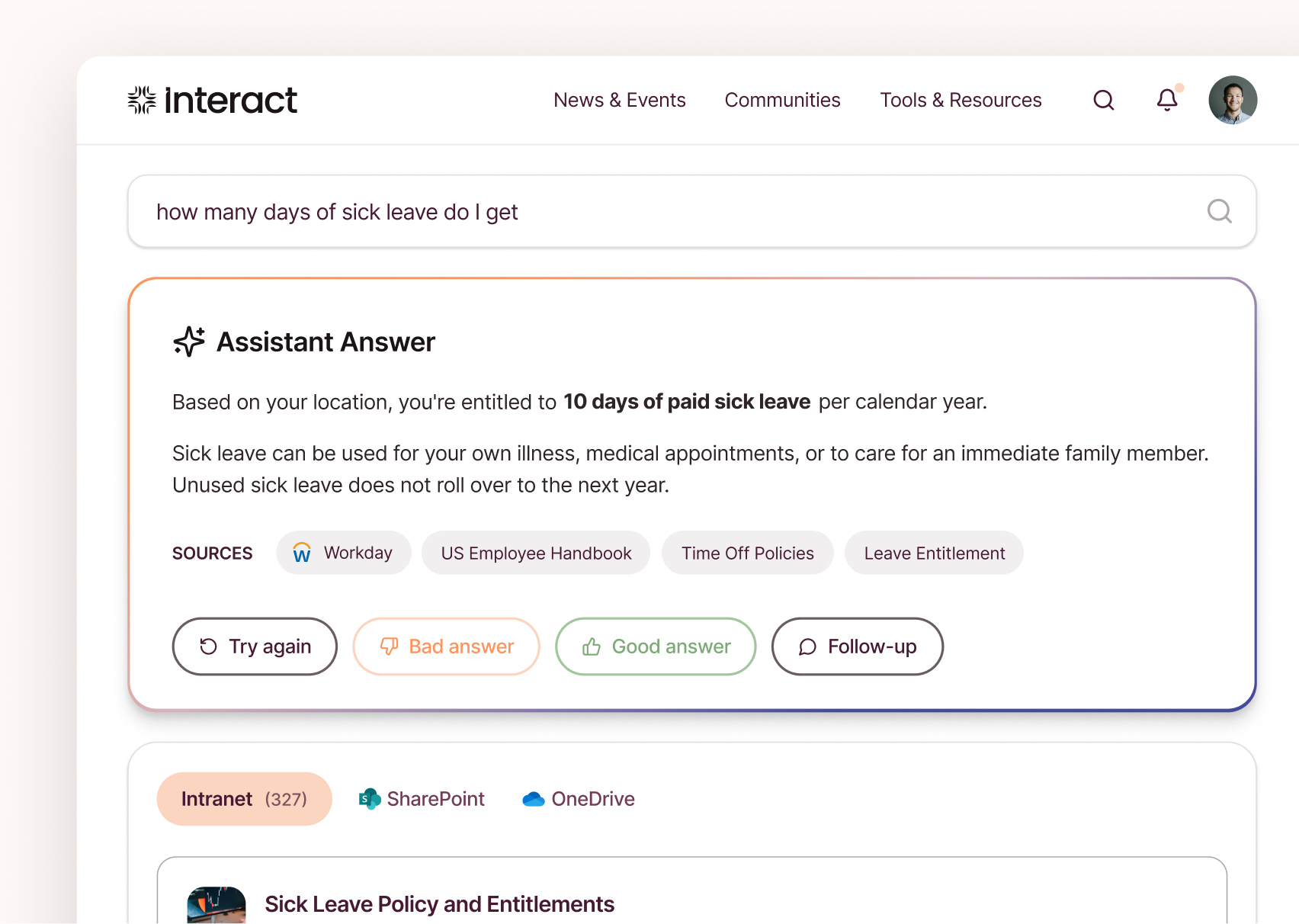 Employee self service software Interact: AI Assistant answers a sick leave query with 10 paid days per year, citing Workday, the US Employee Handbook, and Time Off Policies.