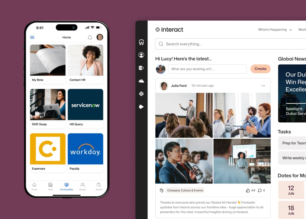 Interact mobile app showing a Communities screen with shortcuts to My Rota, Shift Swap, Expenses via Concur, and Payslip via Workday, alongside the desktop intranet home for Lucy.