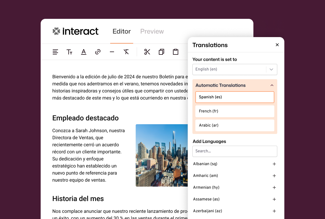 Interact intranet content editor showing a Spanish-language newsletter being edited alongside an open Translations panel with automatic translations active for Spanish, French, and Arabic, plus a searchable list to add further languages including Albanian, Amharic, Armenian, Assamese, and Azerbaijani.