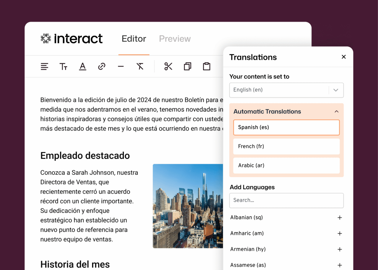 Multilingual intranet content editor in Interact, showing a Spanish-language newsletter being edited alongside an open Translations panel with automatic translations active for Spanish, French, and Arabic, plus a searchable list to add further languages.
