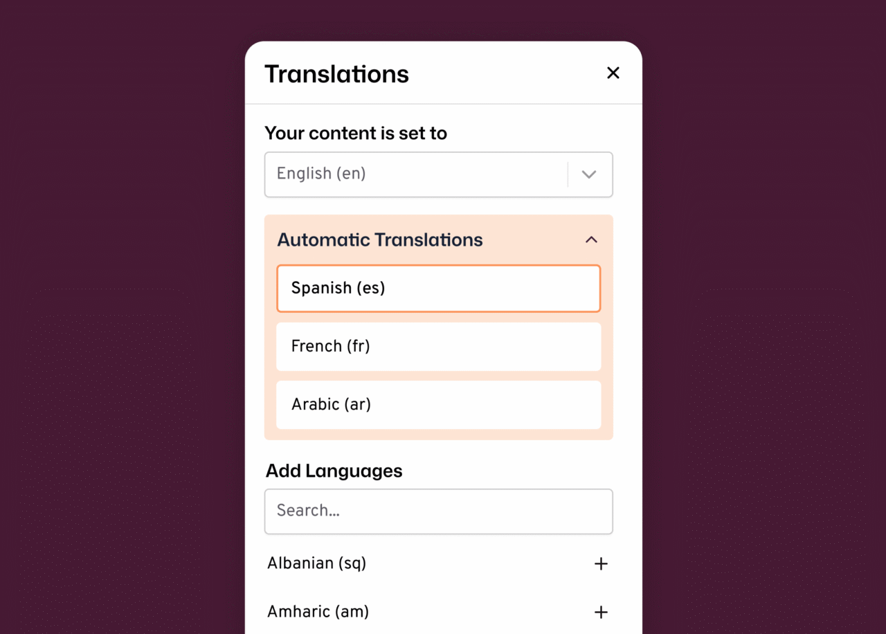Interact's multilingual intranet Translations panel displaying automatic translation settings with Spanish, French, and Arabic enabled, and a searchable Add Languages list including Albanian and Amharic — demonstrating multilingual content management for global teams.