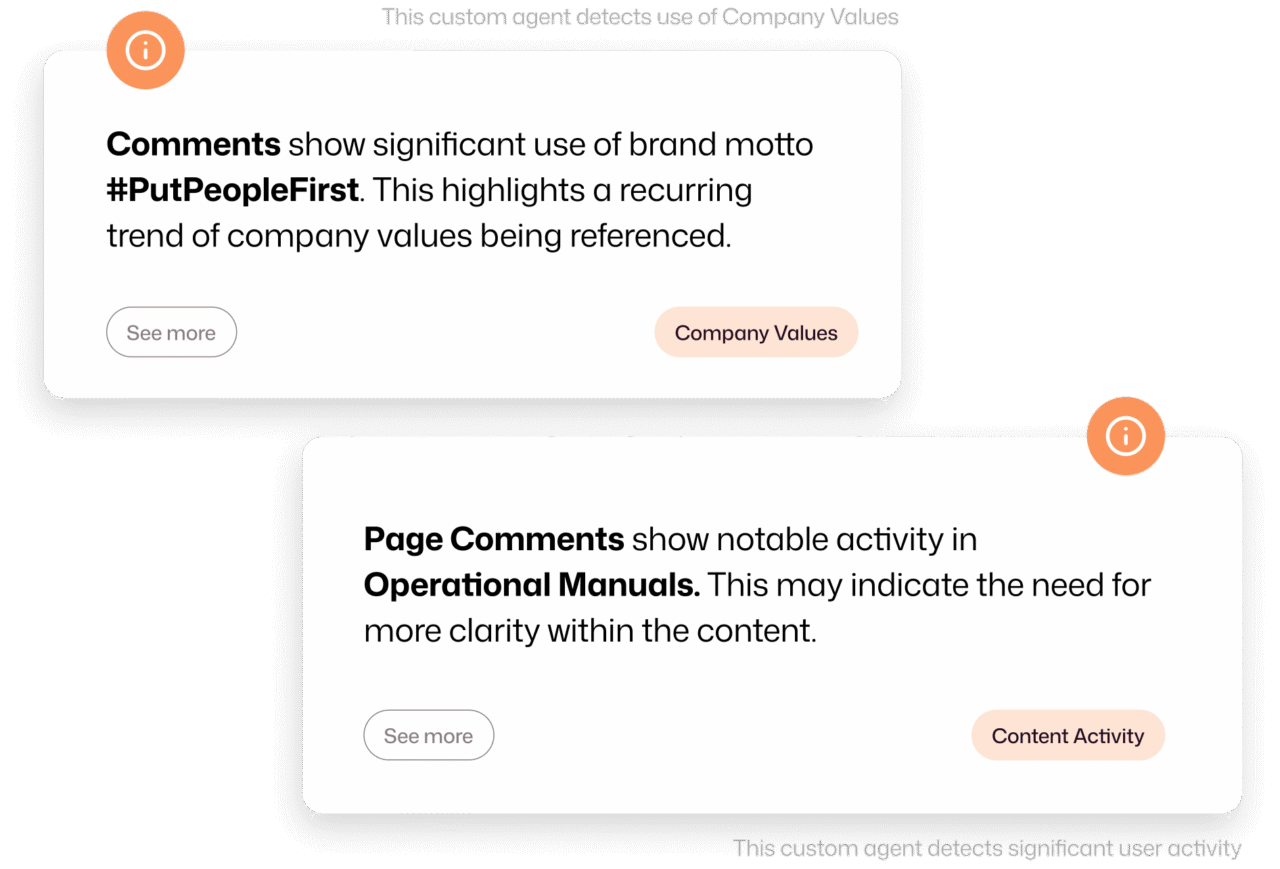 Interact intranet custom AI agent insight cards showing two trend detections — one flagging significant use of the company values hashtag #PutPeopleFirst in comments tagged as Company Values, and another noting high page comment activity on Operational Manuals suggesting a need for greater content clarity.