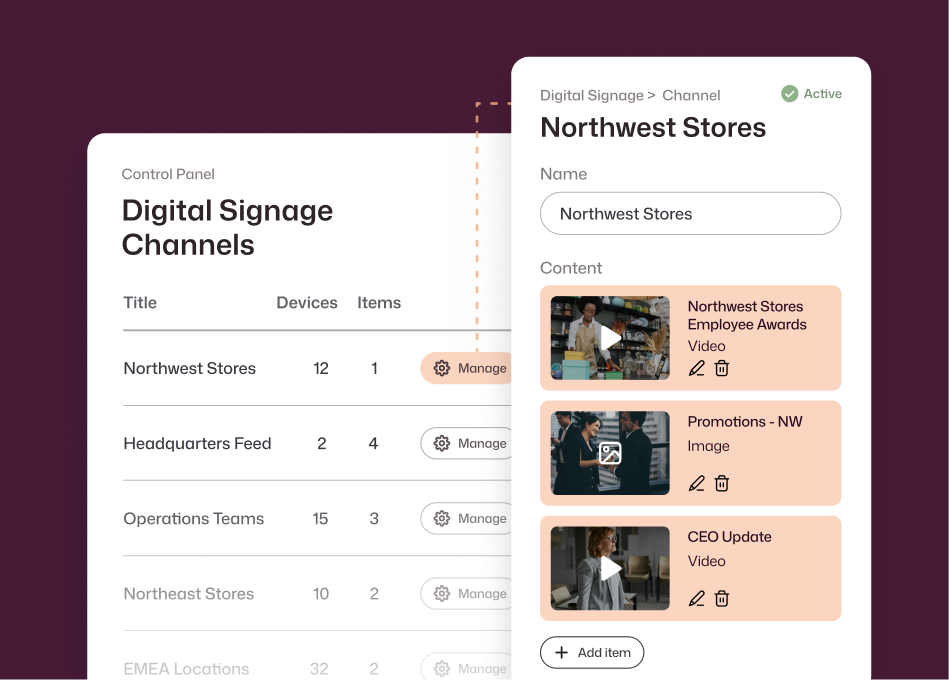 Digital signage for employee communications managed via a channel control panel, showing Northwest Stores across 12 devices with an Employee Awards video and CEO Update.