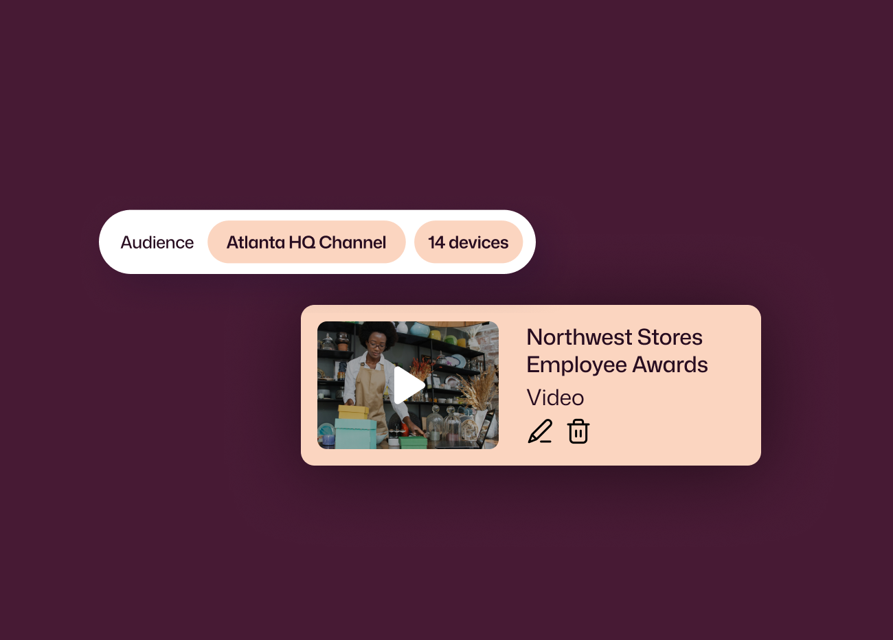 Atlanta HQ Channel content card targeting 14 devices, featuring a Northwest Stores Employee Awards video with edit and delete controls.