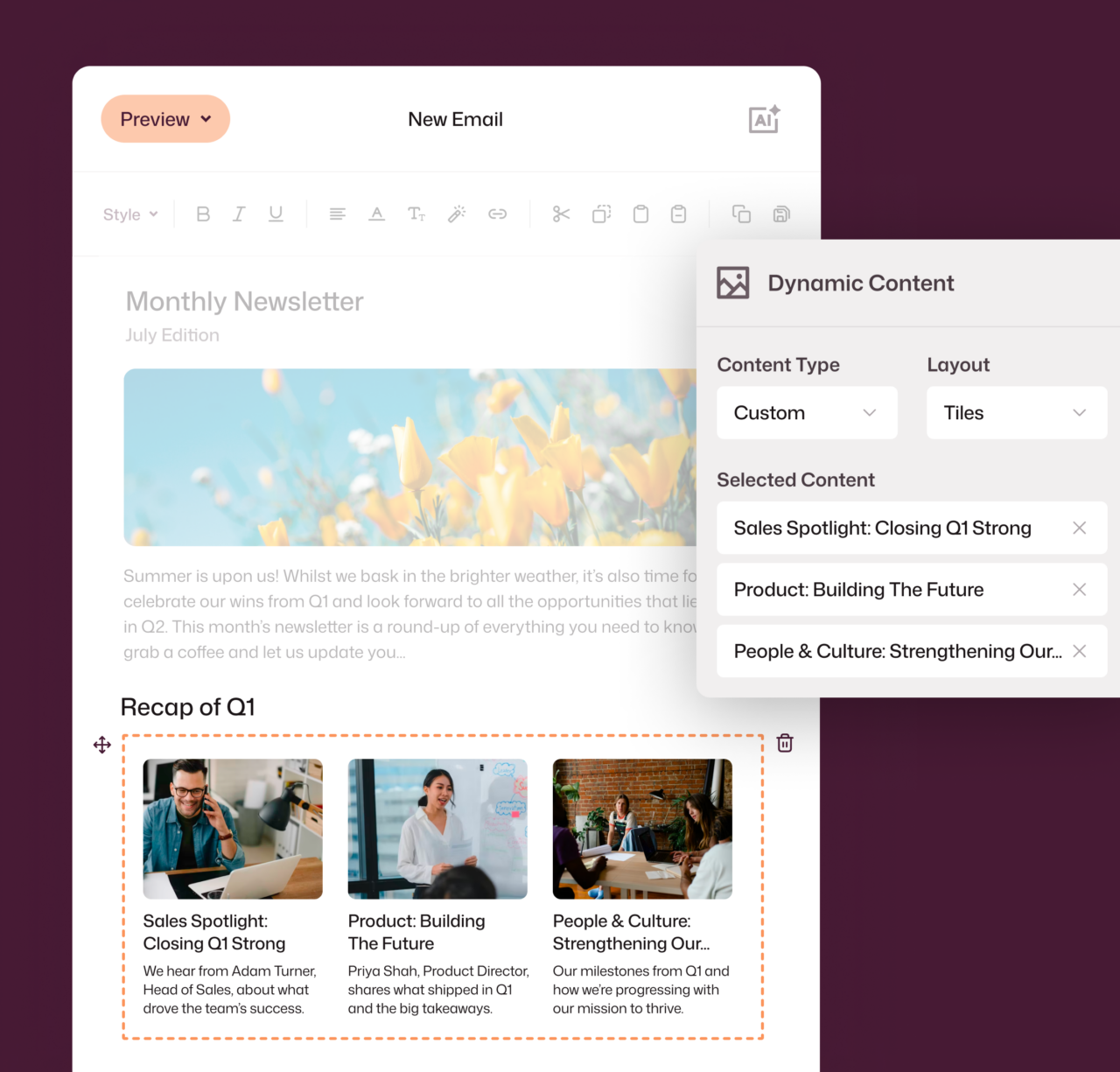 Dynamic Content panel auto-populating a Q1 recap section with three article tiles: Sales Spotlight, Product, and People & Culture.