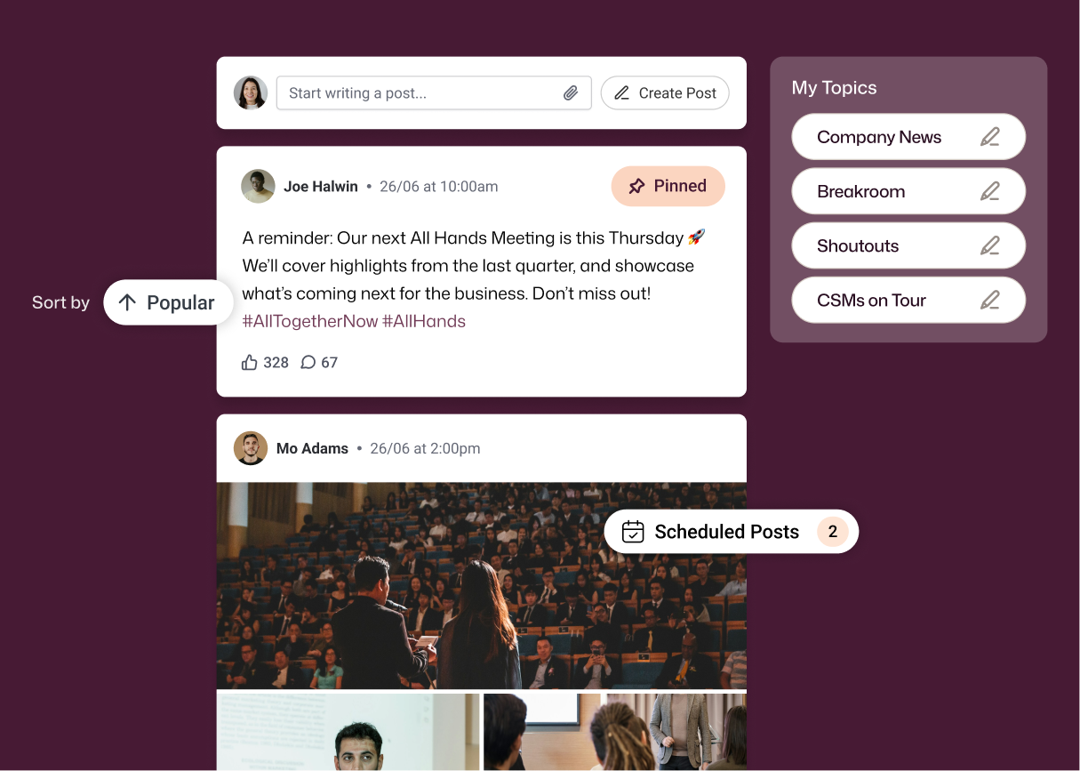 Social intranet software showing a pinned All Hands post from Joe Halwin with 328 likes, a Mo Adams post, 2 scheduled posts, and a My Topics sidebar.
