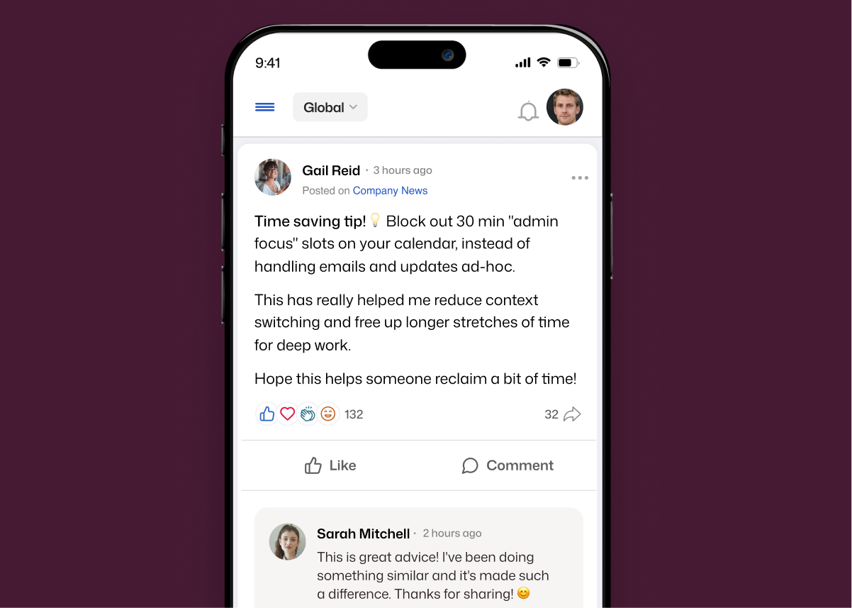 Gail Reid's productivity tip post on the Global Company News feed with 132 reactions and a reply from Sarah Mitchell, shown on mobile.