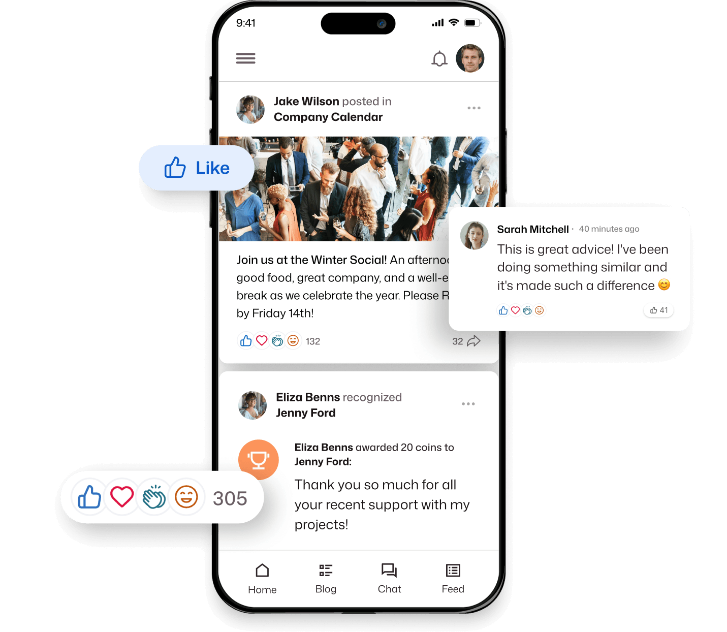 Mobile social feed with Jake Wilson's Winter Social post earning 132 reactions and Eliza Benns recognizing Jenny Ford with 20 coins and 305 total reactions.