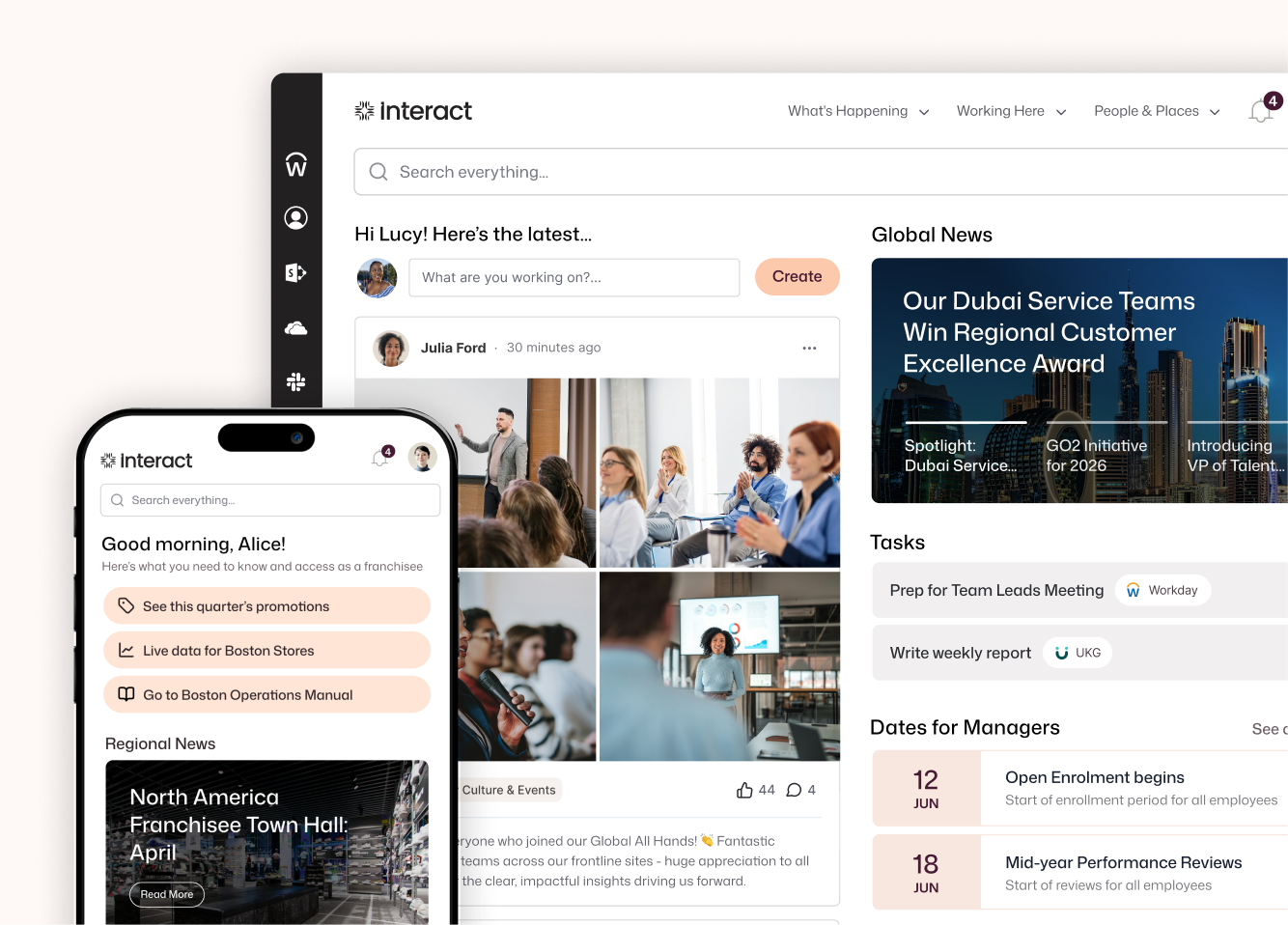 Interact employee communication platform showing Lucy's personalized news feed, integrated Workday and UKG tasks, and Alice's franchisee mobile home with Boston store quick links.
