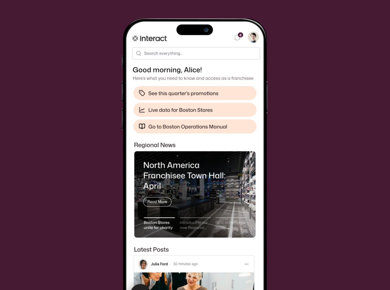 Franchisee homepage surfaces personalized quick links for promotions, store data, and the Operations Manual — a key differentiator for those weighing Staffbase alternatives.