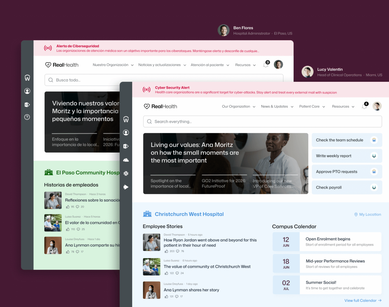 RealHealth illustrates why teams explore Unily alternatives, giving Ben Flores a Spanish homepage and Lucy Valentin an English view with local stories and dates.