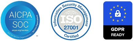 AICPA SOC, ISO 27001, and GDPR Ready certification badges, confirming the platform meets enterprise-grade security and compliance standards.