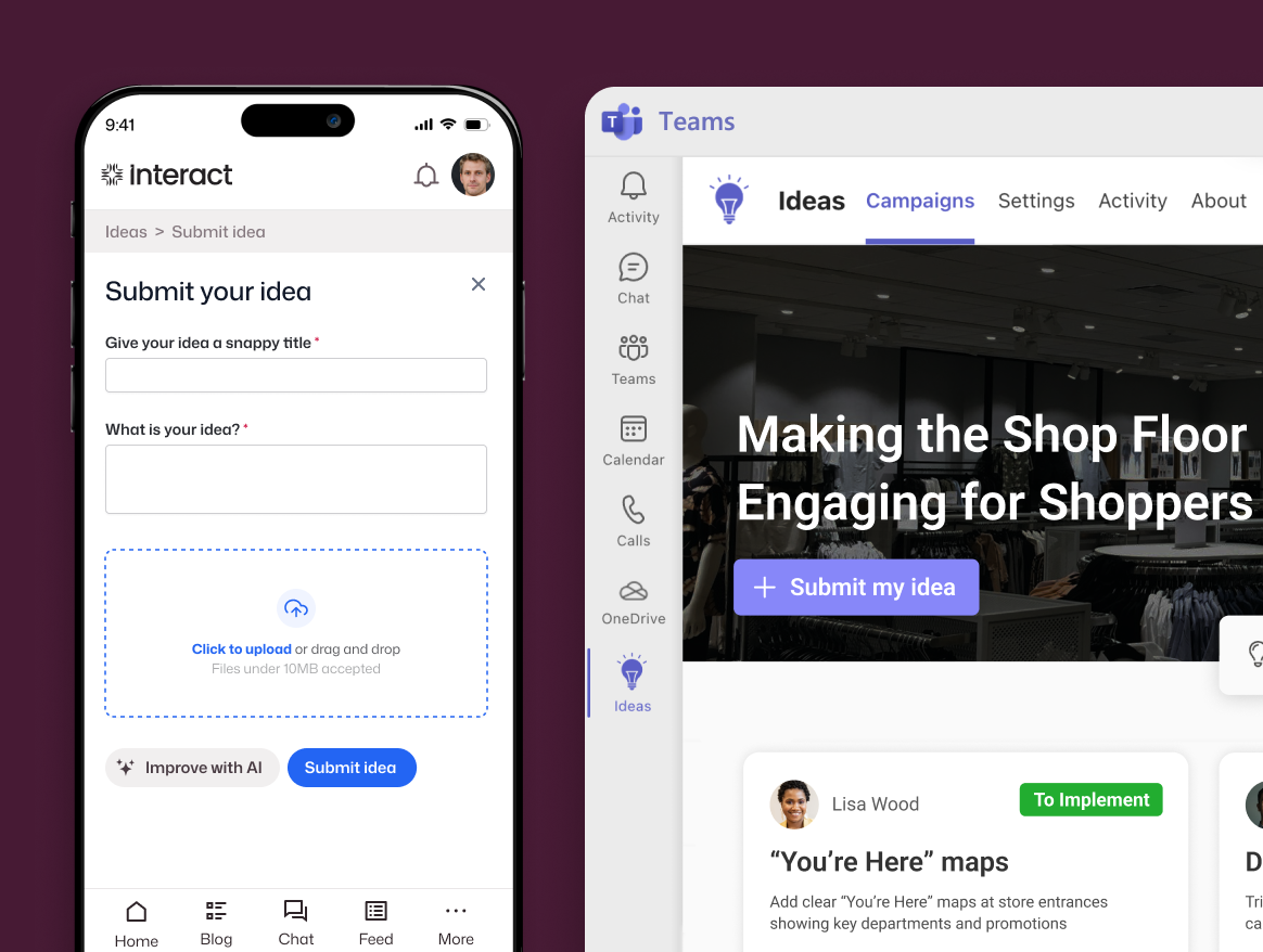 Idea management software shown on mobile and Microsoft Teams, with a Submit Your Idea form and a retail campaign card tagged To Implement by Lisa Wood.