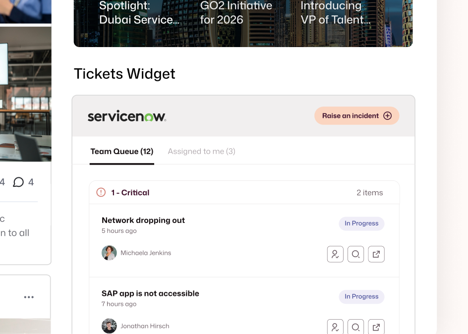 Interact intranet with an embedded ServiceNow Tickets Widget showing 12 queued items, including critical network and SAP tickets in progress.