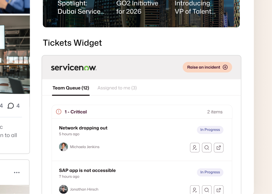 Interact intranet embedding a ServiceNow Tickets Widget with 12 queued items, including 2 critical tickets for network outages and SAP access in progress.