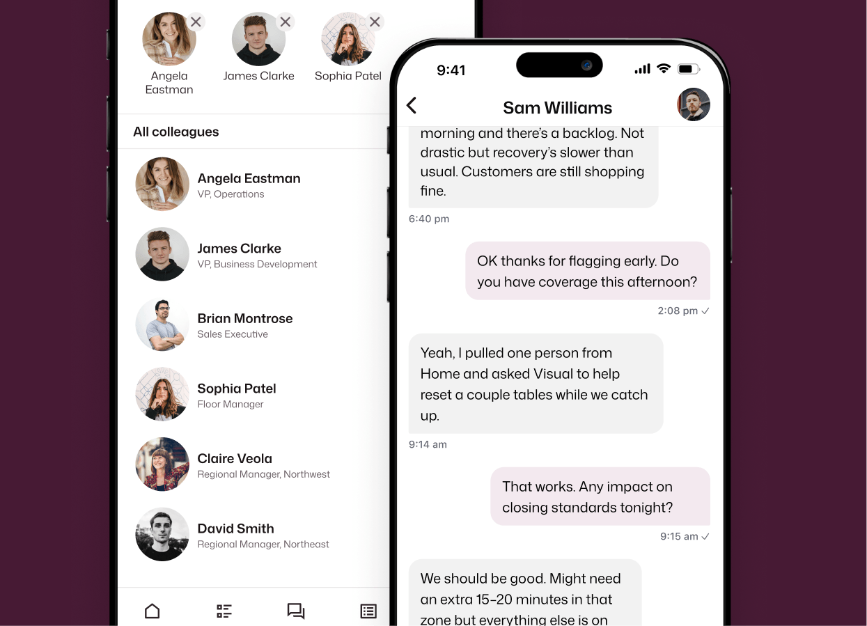 Interact intranet mobile app shown across two screens — a colleague directory listing Angela Eastman, James Clarke, Brian Montrose, Sophia Patel, Claire Veola, and David Smith with their roles, and a direct chat between colleagues discussing operational coverage and closing standards at a store location.