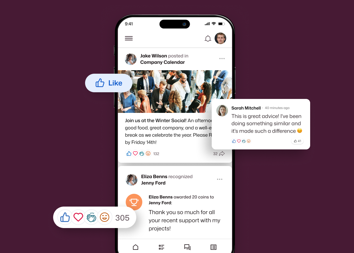 Interact intranet mobile social feed showing a Winter Social event post by Jake Wilson in Company Calendar with 132 reactions, a peer recognition moment from Eliza Benns awarding 20 coins to Jenny Ford, a comment overlay from Sarah Mitchell with 41 likes, and a Like reaction callout showing 305 total reactions.