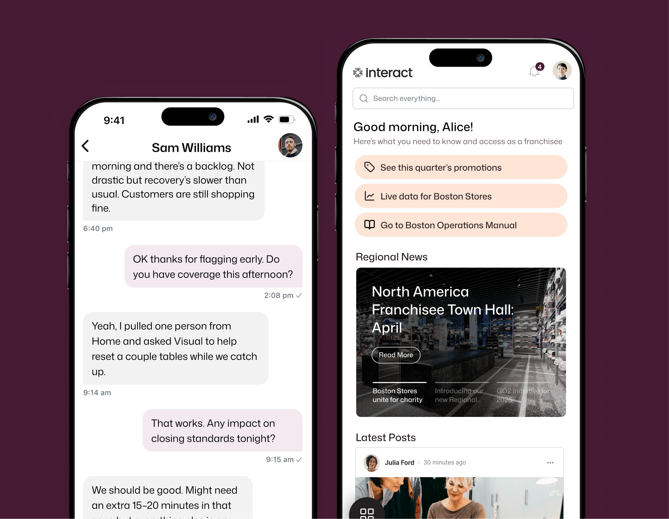 Franchise intranet software showing a manager chat with Sam Williams and a personalized home screen for Alice with quick links to Boston Stores data and the Operations Manual.